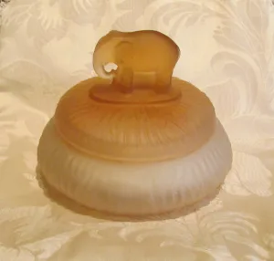 1940s Elephant Powder Jar Art Deco Powder Box Peach Satin Depression Glass Unused Powder Puff