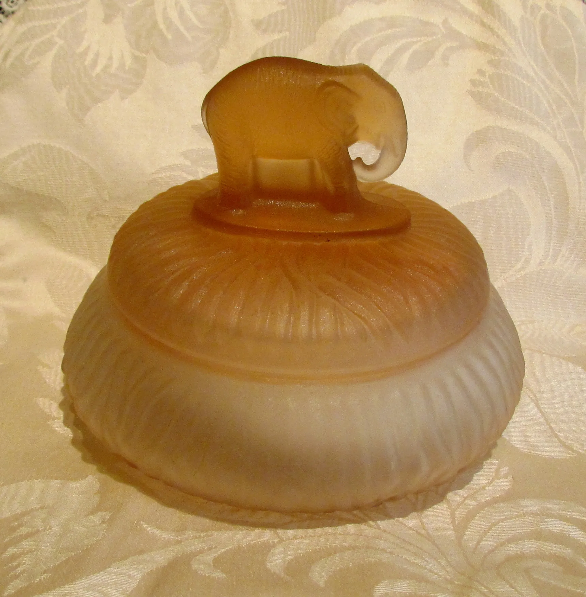 1940s Elephant Powder Jar Art Deco Powder Box Peach Satin Depression Glass Unused Powder Puff