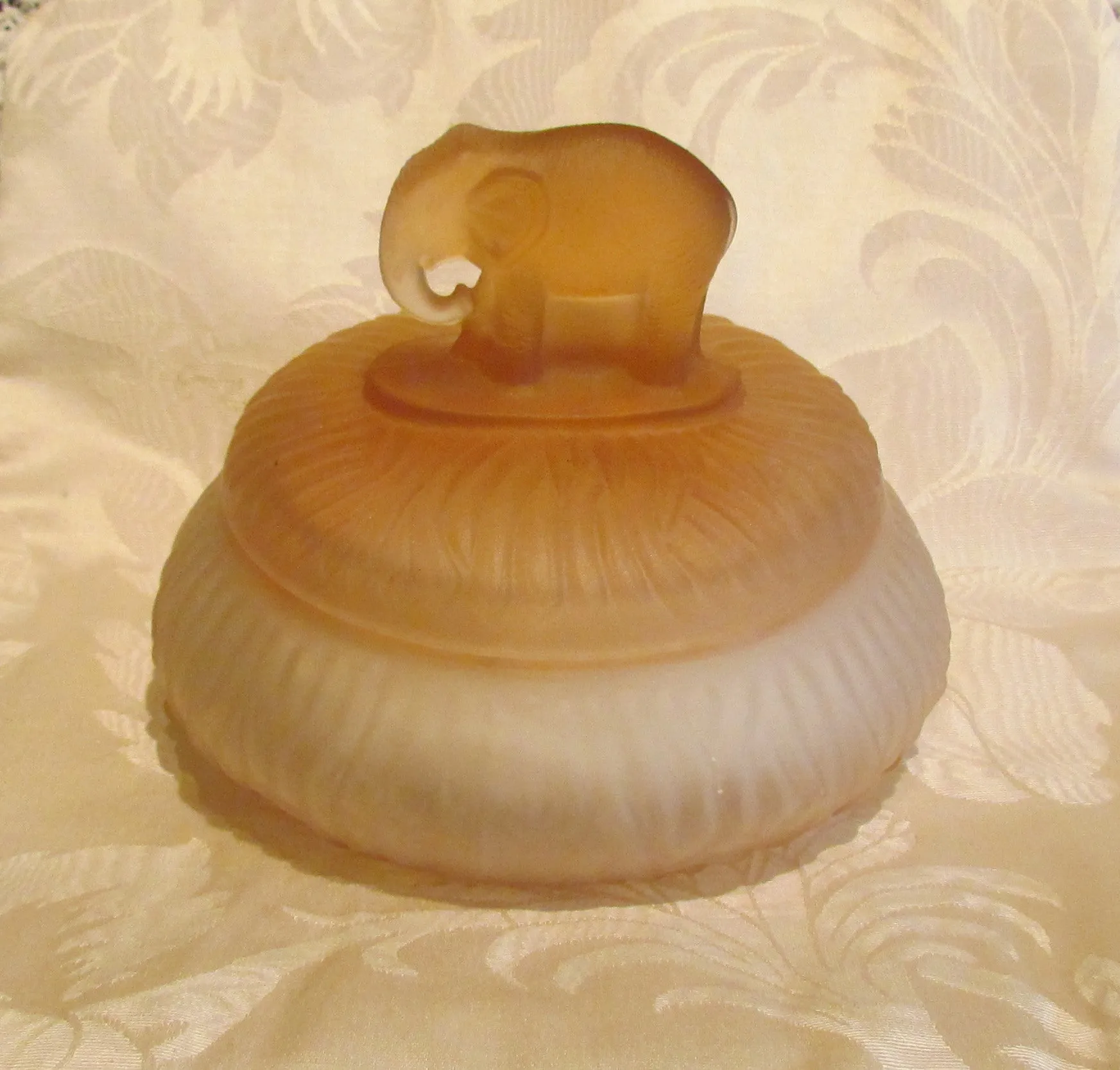 1940s Elephant Powder Jar Art Deco Powder Box Peach Satin Depression Glass Unused Powder Puff