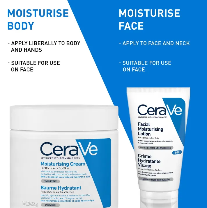 CeraVe Evening Moisturising Routine for Dry Skin, Face and Body Moisturiser with Hyaluronic Acid