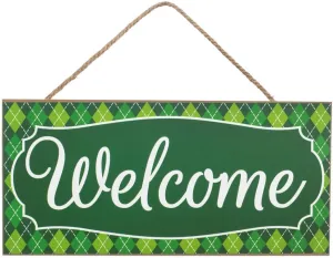 Christmas Green Wooden Welcome Sign - 12.5" x 6", White