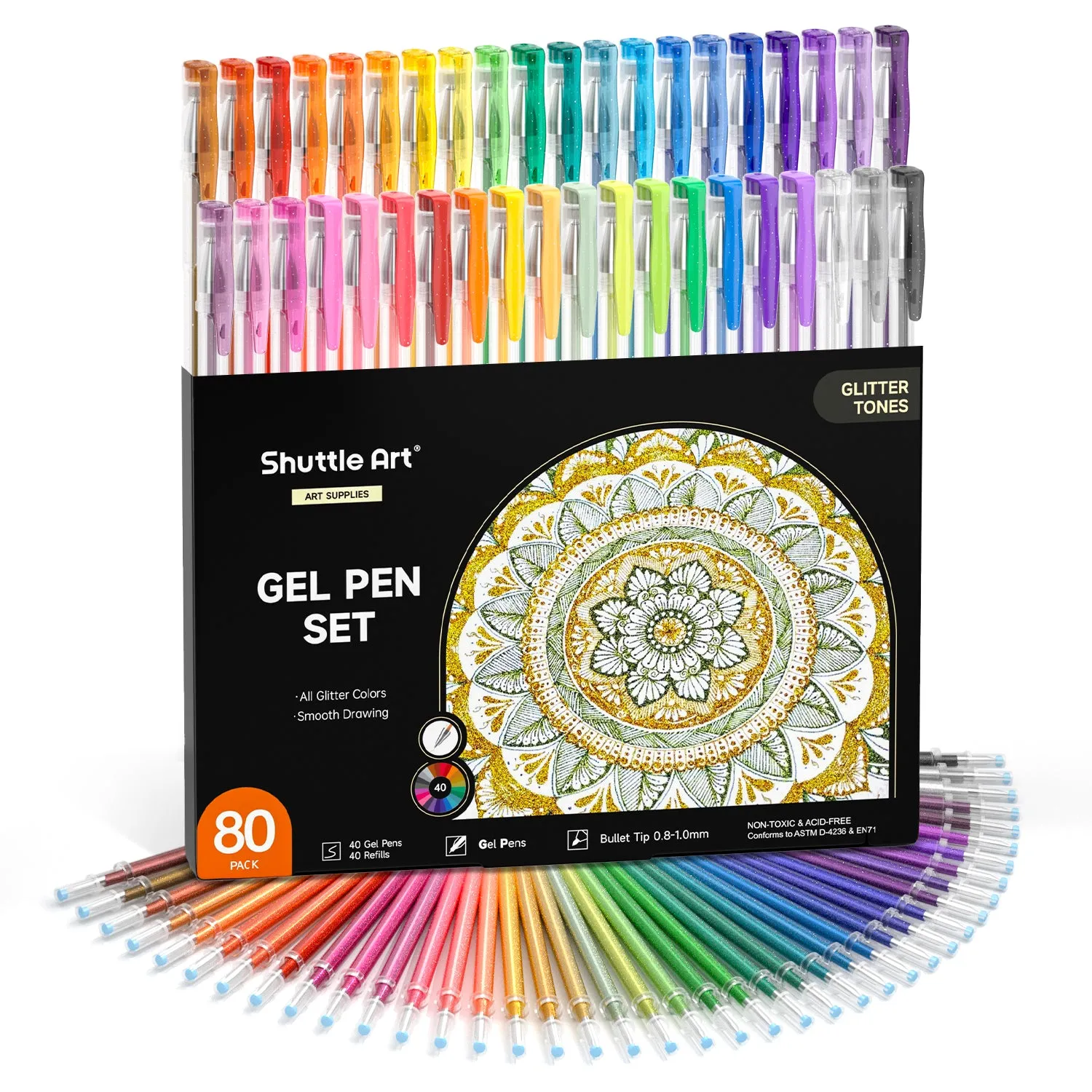 Colored Glitter Gel Pens, 40 Colors Gel Pen with 40 Refills - Set of 80