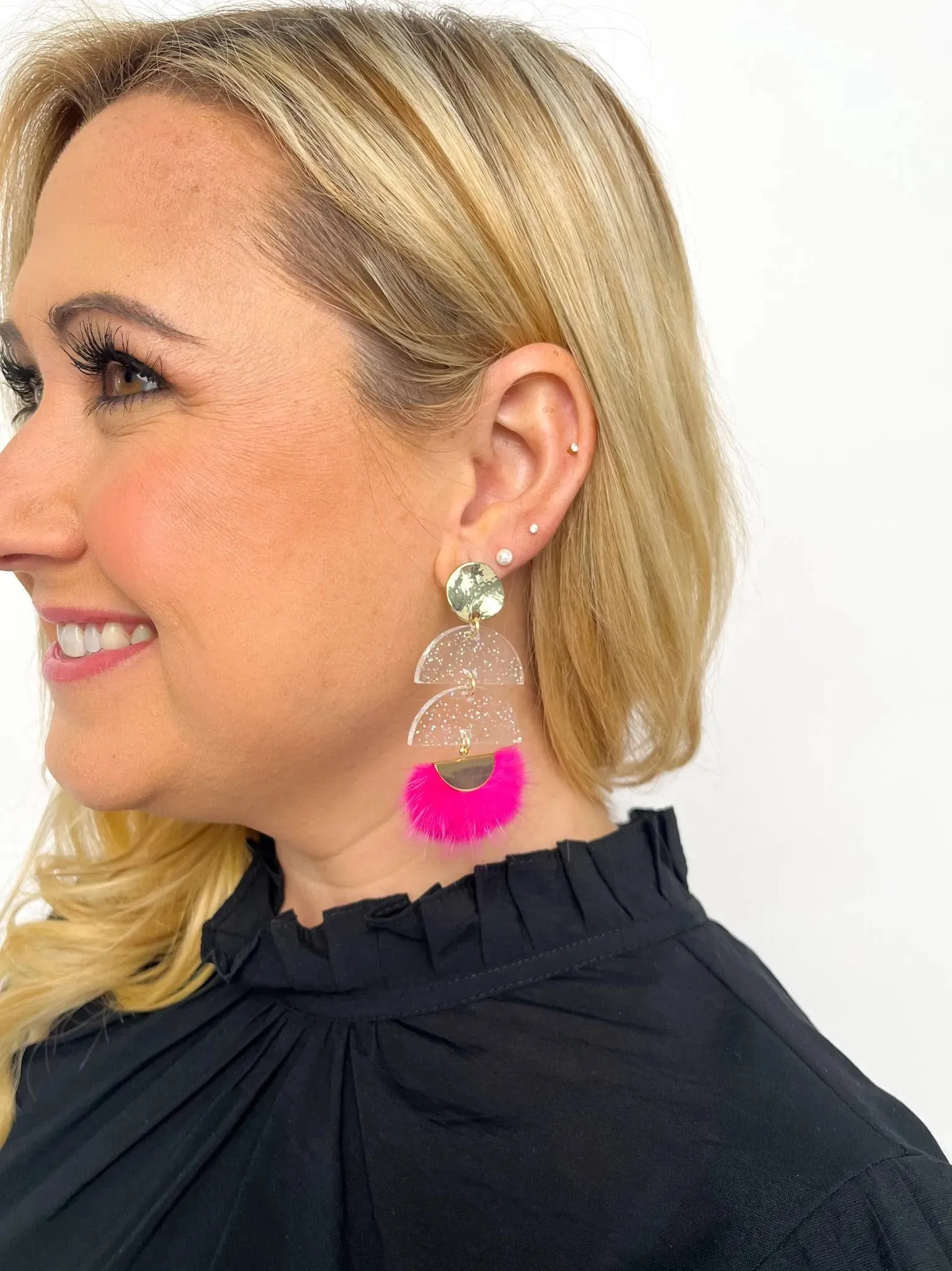 Hot Pink Feather Glitter Earrings