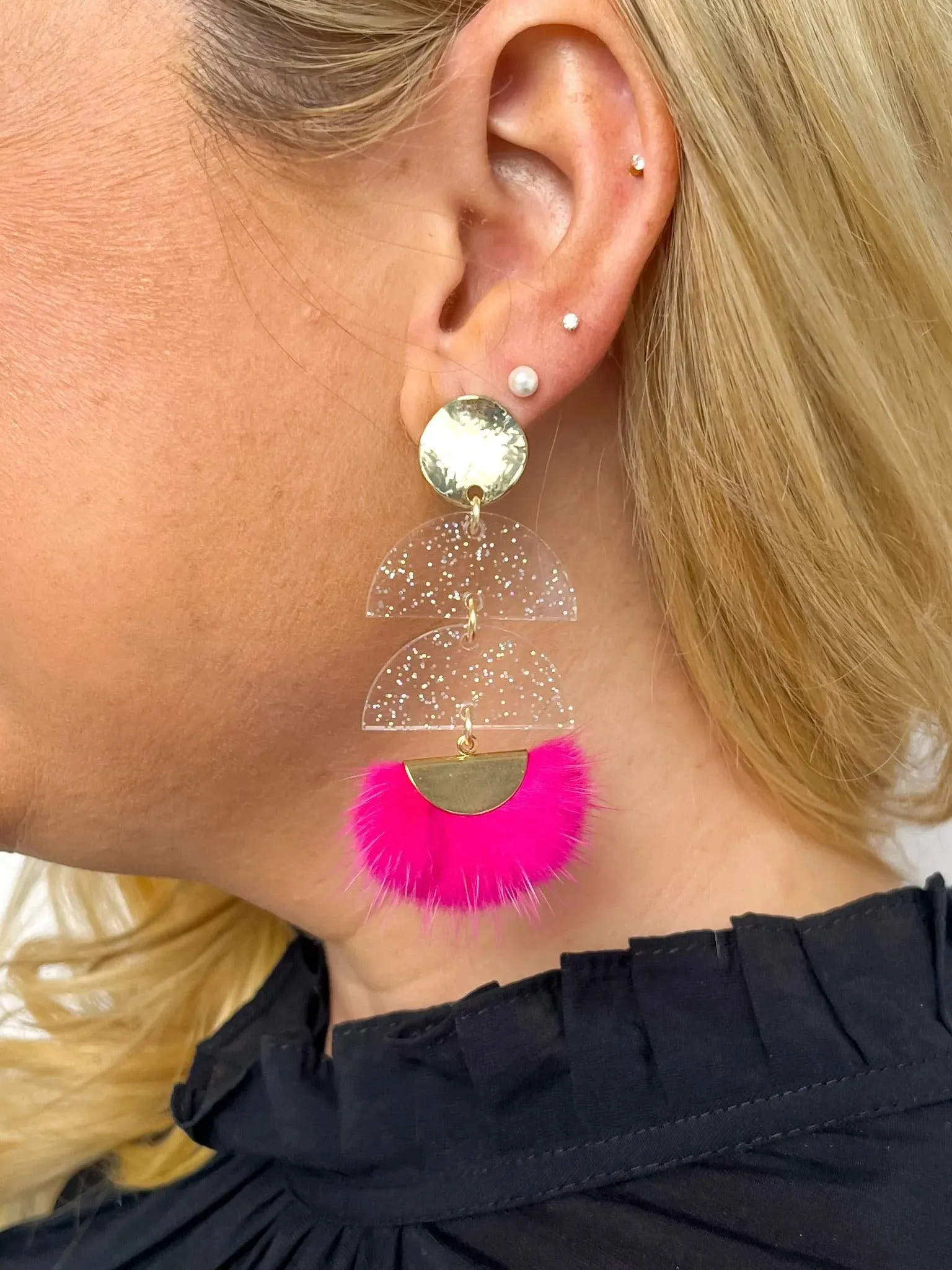 Hot Pink Feather Glitter Earrings