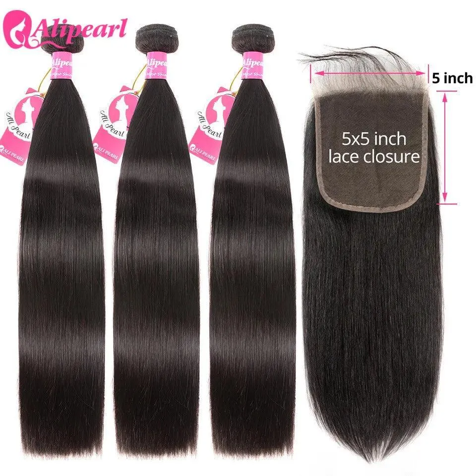 Premium Brazilian Straight Human Hair Bundle Set with Closure - AliPearl Extensions for Luxurious Style