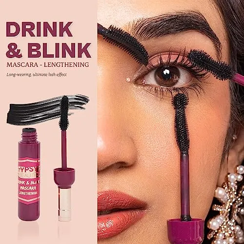 Typsy Beauty Drink & Blink Lengthening Mascara I Intense Black I Extreme Lengthening I Hourglass Wand I Clumpfree & Longwear Formula I Elongated False Lash Effect I Paraben & SLS Free | 9g