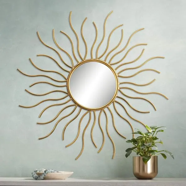 Writings on the wall Shining Sunburst Wall Mirror Stylish Round Gold Metal Accent Mirror for Living Room Bedroom and Entryway Modern Decorative Wall Art (2 Feet)